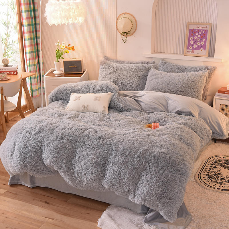 4 Piece Multi Color Bedding Sheet Set for Kids Girl's Room in Fur Velvet Fluffy Plush