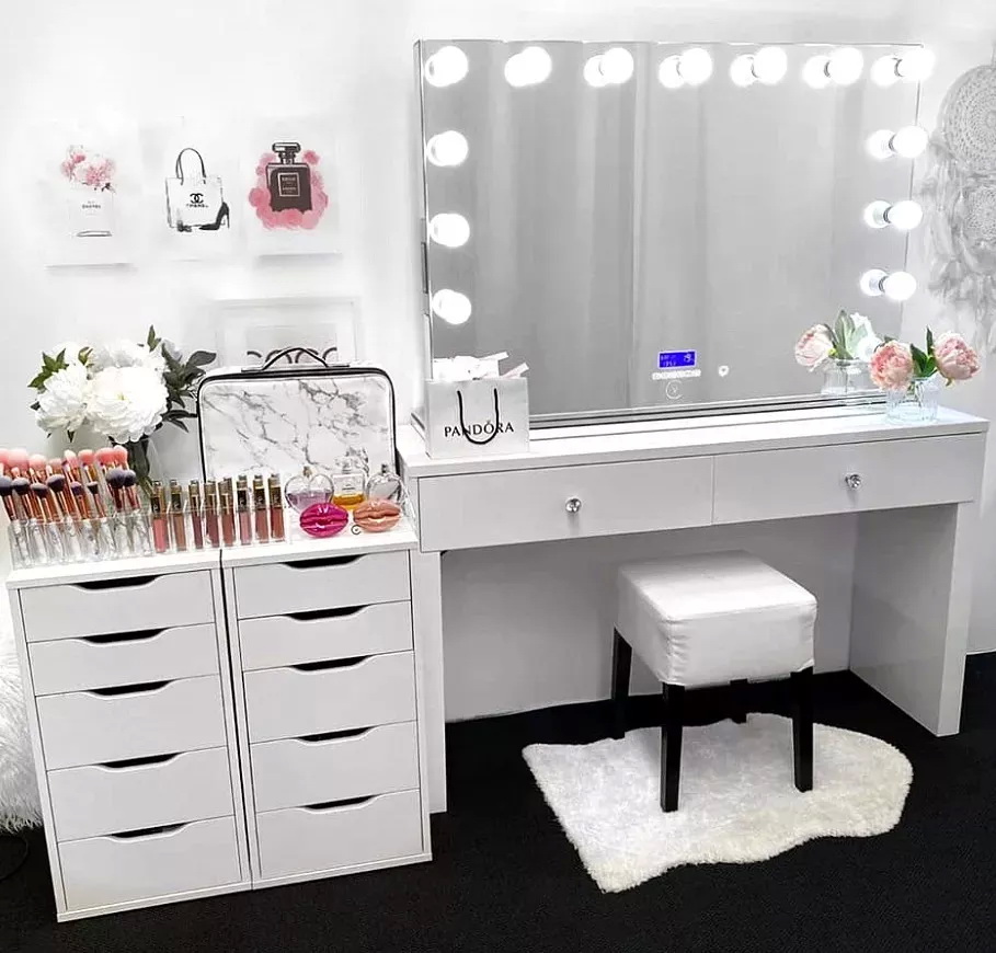Modern Design Oak Makeup Table With Lighted Mirrored Dresser Vanity Desk And Storage
