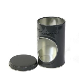 Embossed Black Tins Round Tin Box with Clear Window on Body Decorative Tin
