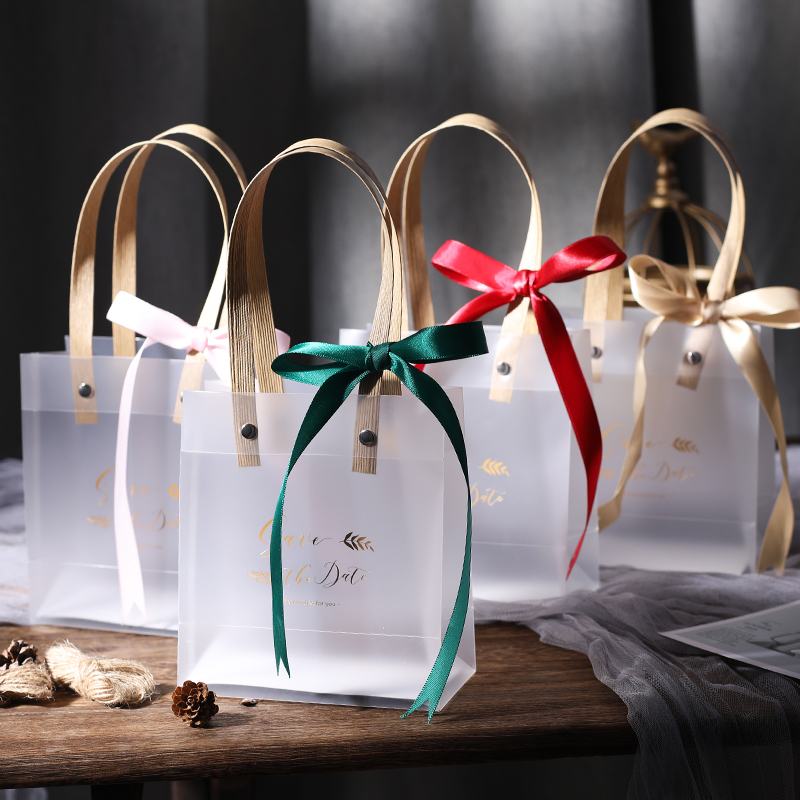 Semi Clear Plastic Gift Bags With Brown Handle Wedding Gift Packaging Bags Birthday Handbag Party Favors PP Gift Wrap