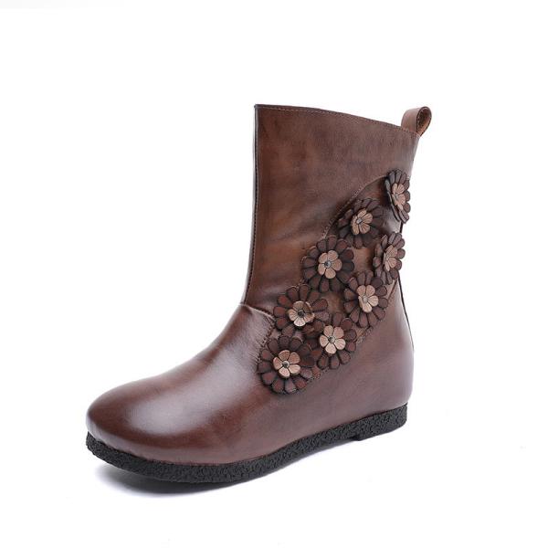 S234 Leather handmade flowers women's boots thickened woolly cotton shoes in