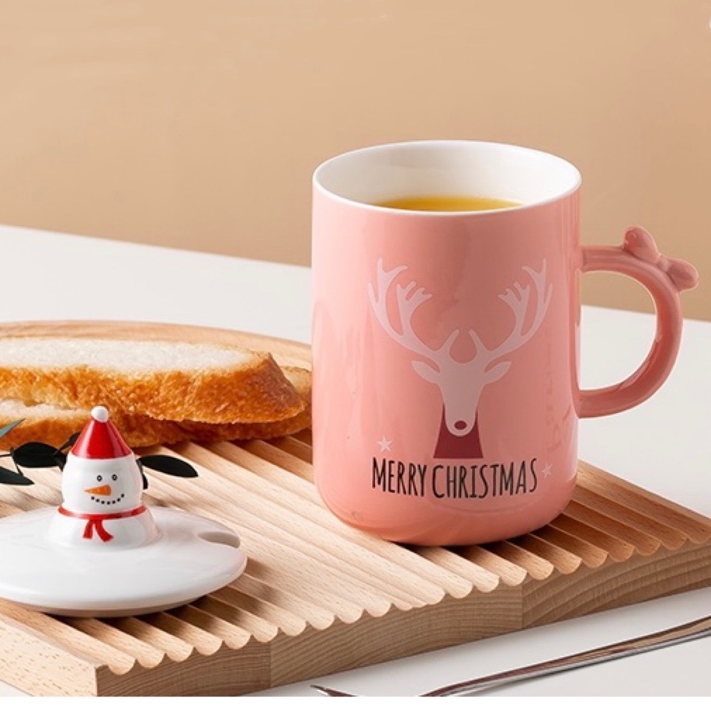 New Festival Mug Christmas Round Santa Claus Lid Stainless Steel Spoon Elk Pattern Ceramic Mug With Cover