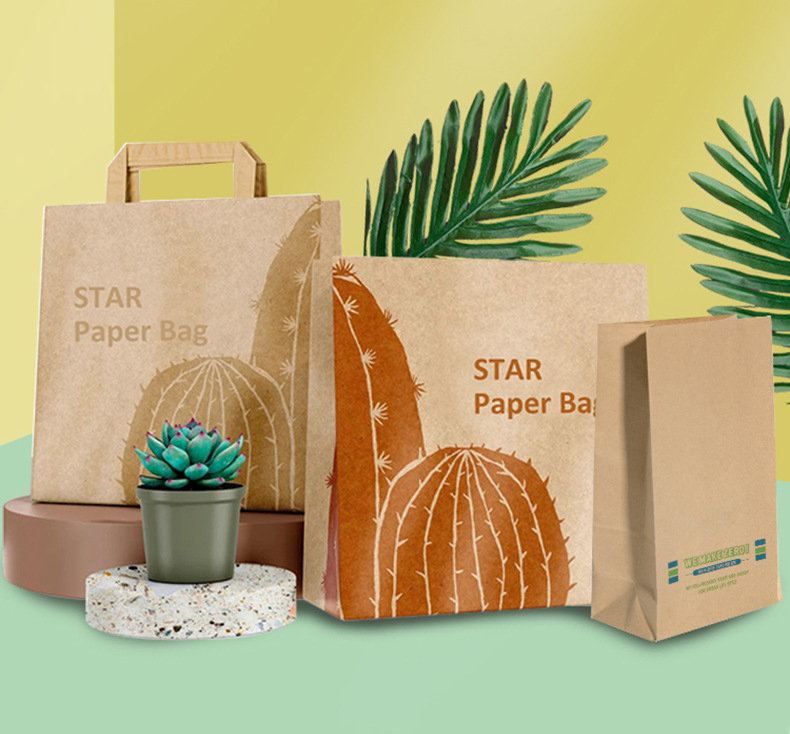 Custom Printed Biodegradable Kraft Paper Bags With Handle for Coffee Bake Shopping