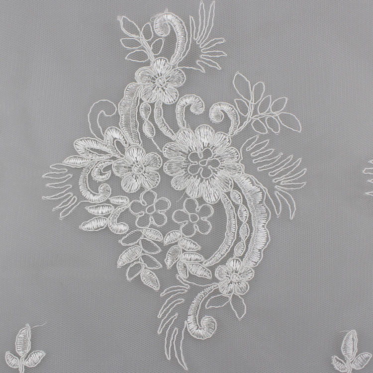 3D Eyelash Polyester Yarn On Nylon Mesh Corded Embroidery Lace Fabric For Bridal