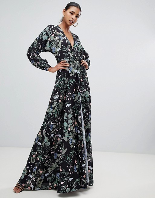 custom made hot sale tie waist maxi dress with side split in dark floral