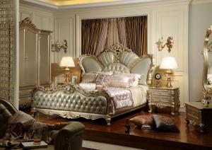 China Luxury classic Bedroom furniture Villa interior design of King bed by Craft wood with Italy Leather headboard factory