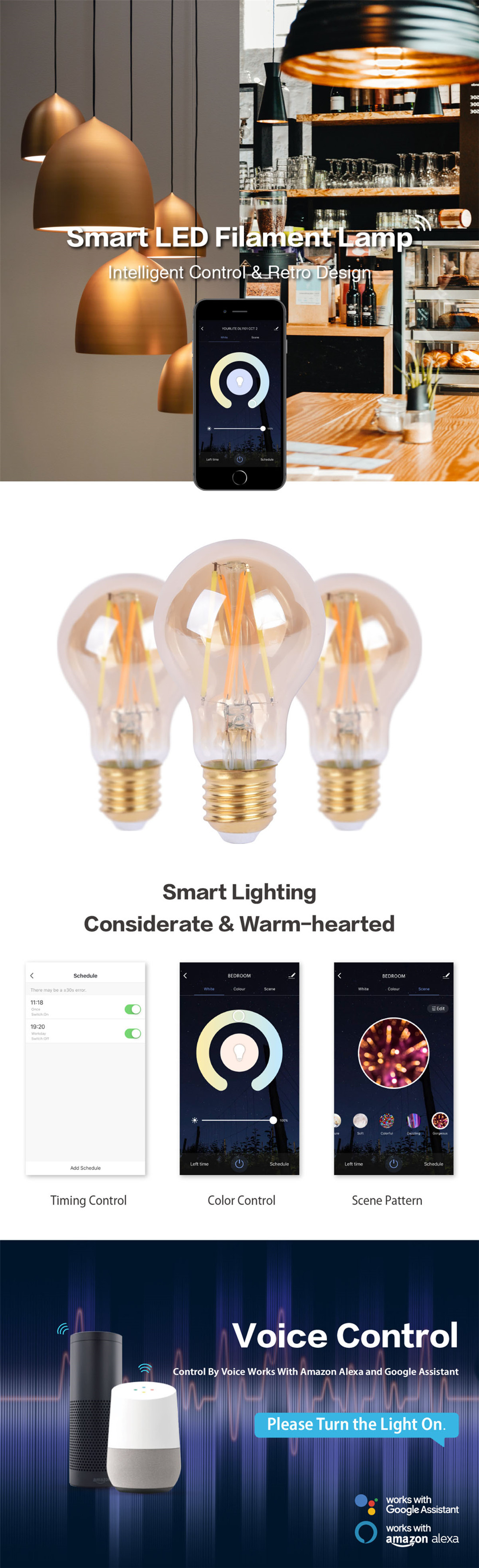 Amber Glass Body LED Light Bulb Alexa Voice Control, 5.5W A60 Smart Wi-Fi LED Filament Bulb