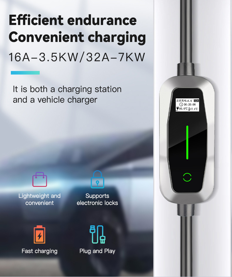 GBT 3.5KW 7KW Type 2 EV Portable Charger Adjustable Current 16A 32A 40A CE ROHS Certified Output Current 8A/10A/13A/16A/32A