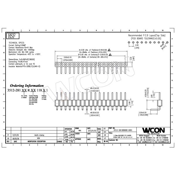 WCON 2.00mm 90° DIP Round Pin Header Single Row Black Color 1*32P H=2.8mm L=11.8mm