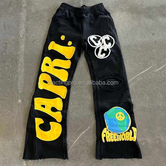 Patch Embroidery French Terry Acid Wash Raw Hem Distressed Flared Sweatpants Regular Fit 100% Cotton