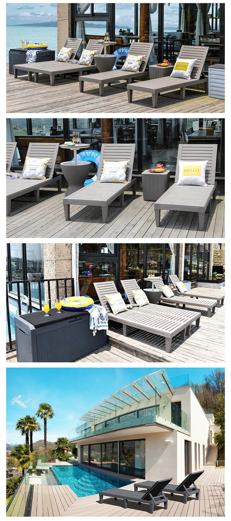Outdoor Furniture Sun Bed for Swimming Pool Plastic Stackable Chaise Lounge Chair