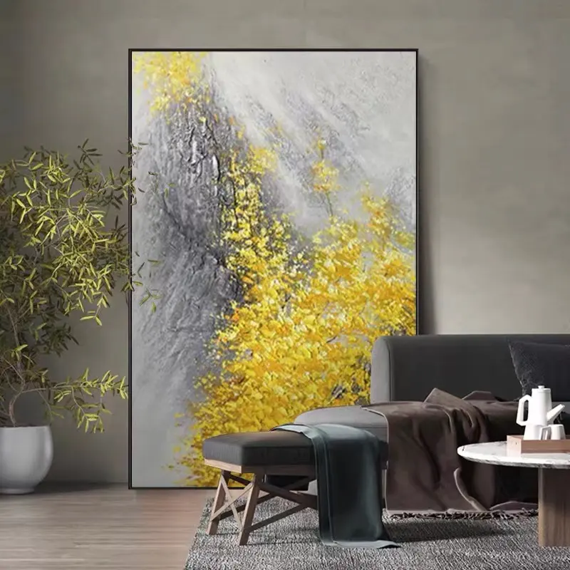 Hand Painted Modern Abstract Landscape Fortune Golden Leaf Texture Oil Painting for Home Decoration Medium Oil NO Frame