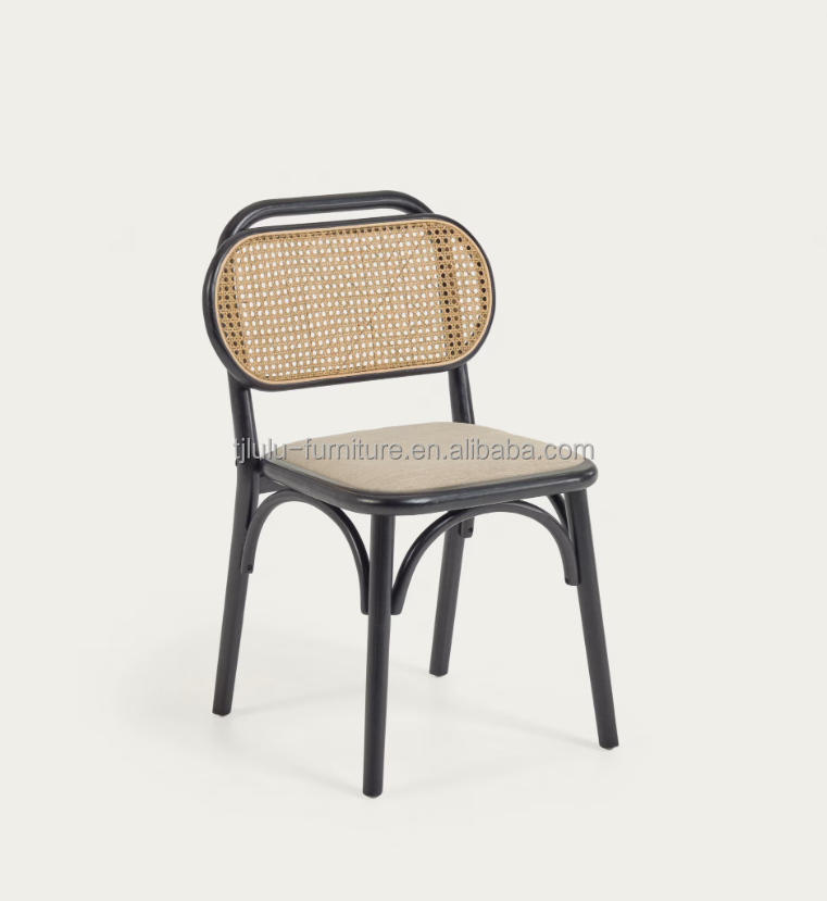 Vintage Style Dining Chair in Natural Wood with Fabric Seat and Real Rattan Backrest W47*D51*H82.5CM