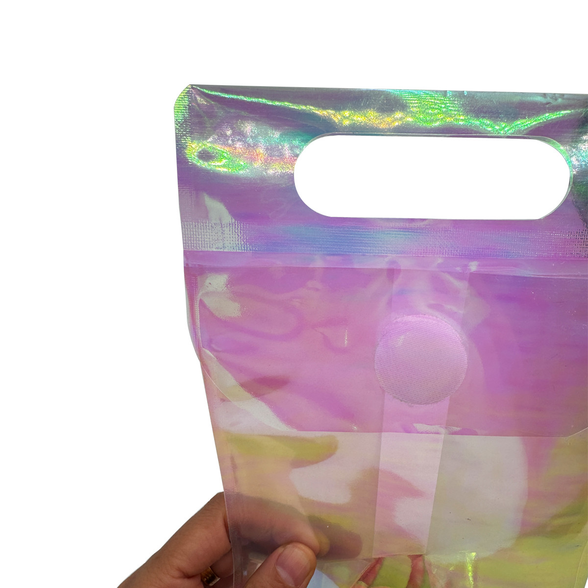 Custom Holographic Pouch Pink Rainbow Clear Flat Bottom Stand Up Bags with Resealable Sticky Button for Candy Accessory