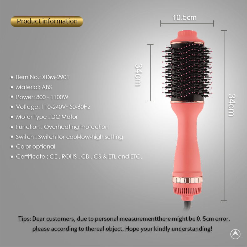 3 In 1 Hot Air Hair Comb Blow Dryer One Step Non Disposable Round Shape