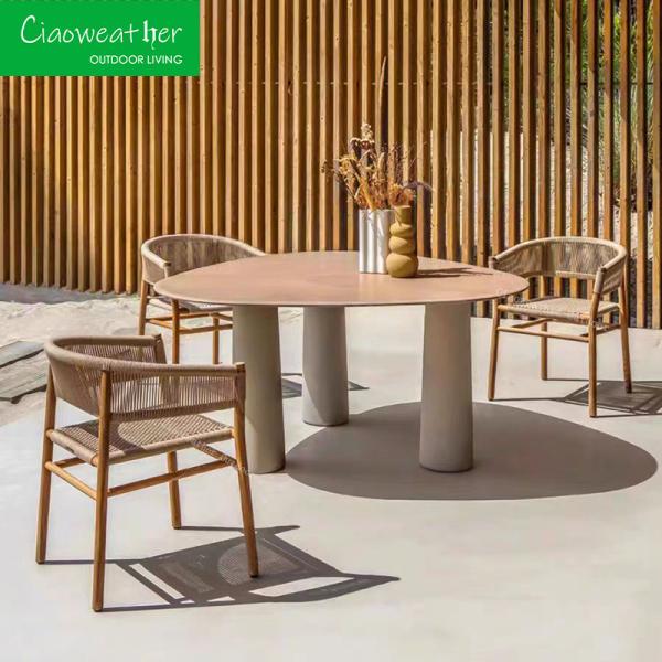 Outdoor Patio Garden Teak Wood Texture Dining ArmChair with Waterproof Cushion