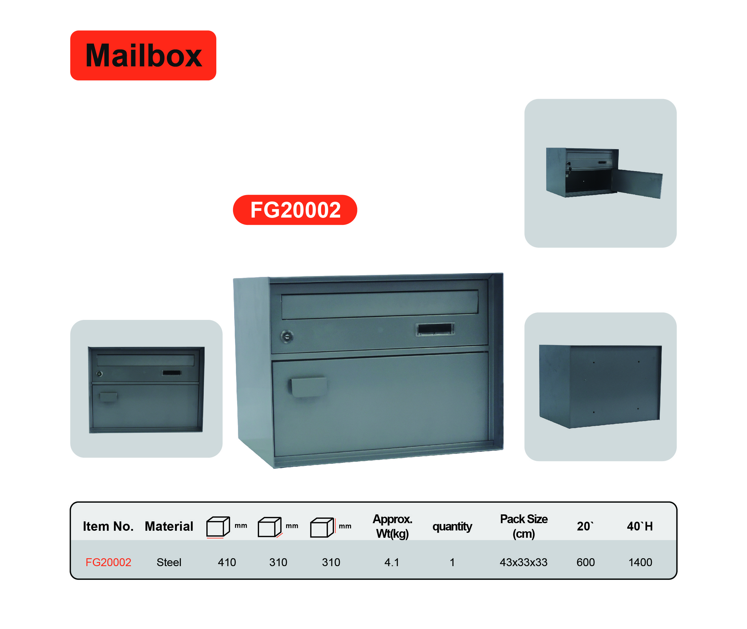 Outdoor Garden Residential Mailboxes Powder Coated Finishing With 2 Keys