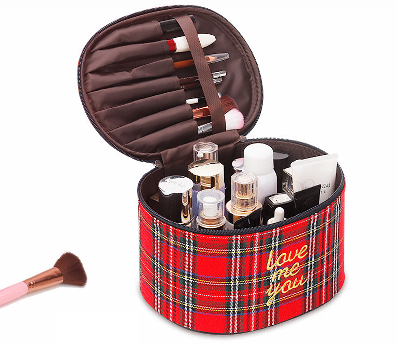 Korean Style Custom Print Logo Grid Cylinder Cosmetic Bag