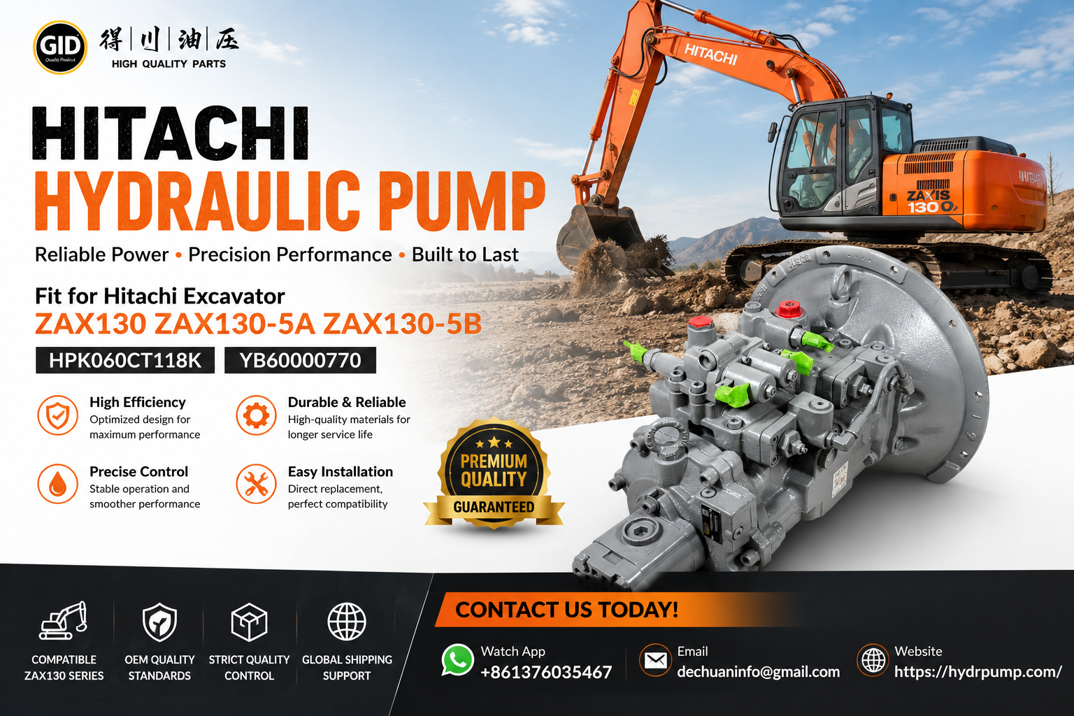 High Pressure High Efficiency Stable Operation Excavator Hydraulic Main Pump HPV102GW-25A for Hitachi ZX240-3G
