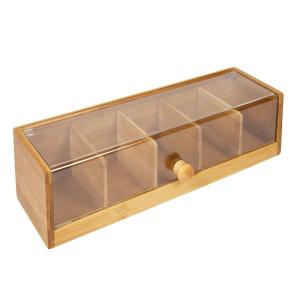 China 5 Compartment Pretty Bamboo Wooden Tea Bag Caddy Box Organizer and Storage with Acrylic Lid factory