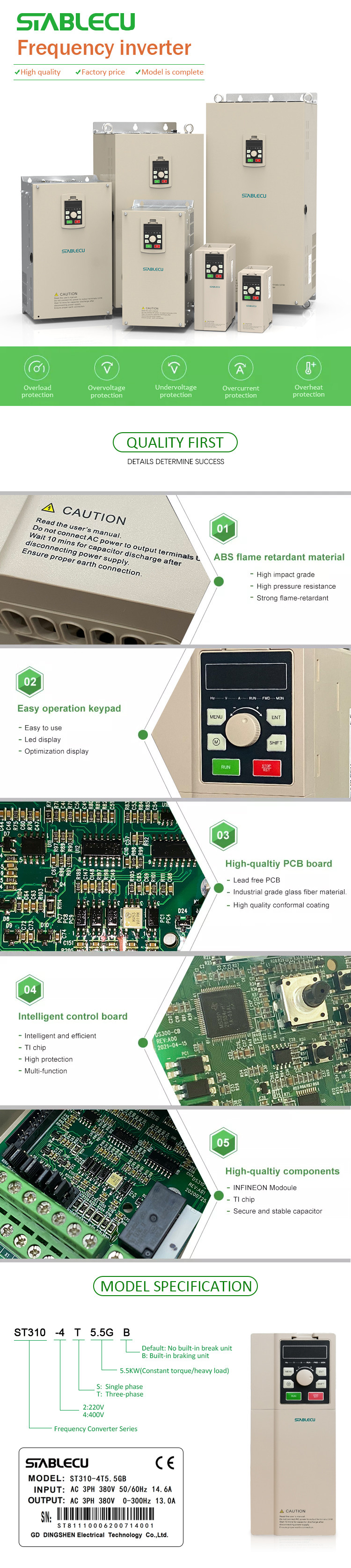 IP20 AC Frequency Inverter 220VAC 380VAC 3 Phase VFD 5.5KW 7.5KW 11KW