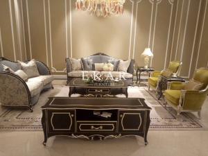 China Carving Frame Royal Furniture Set Couch Wood And Fabric Sofa factory