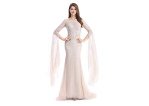 China Long Sleeve Backless Middle Eastern Evening Gowns Tulle Fabric Beading factory