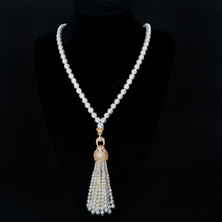 Round Shell Pearl Necklace with Cubic Zirconia Tassel Charm Gold Plated (SN702142)