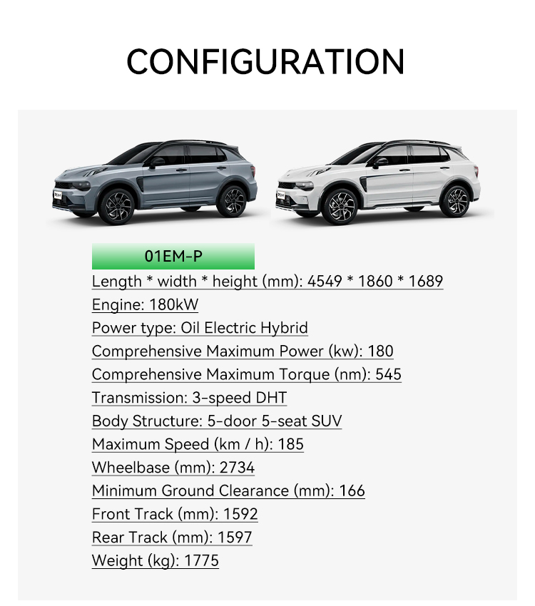 2024 Hot Sale Link Co 01 EMP/Link 05 PHEV High Speed 185 Km/h Hybrid Car Electric Adult Vehicle 3m Vehicle New Car