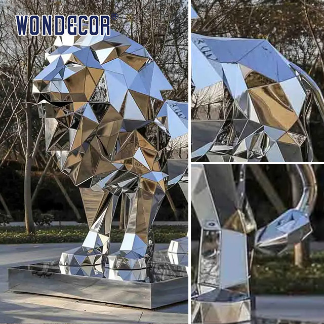 Outdoor garden large abstract forged metal geometric lion sculpture
