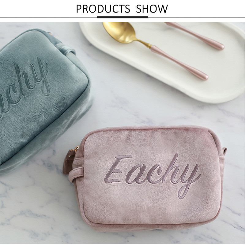 Small Letter Embroidery Plain Soft Velvet Makeup Bag For Brushes