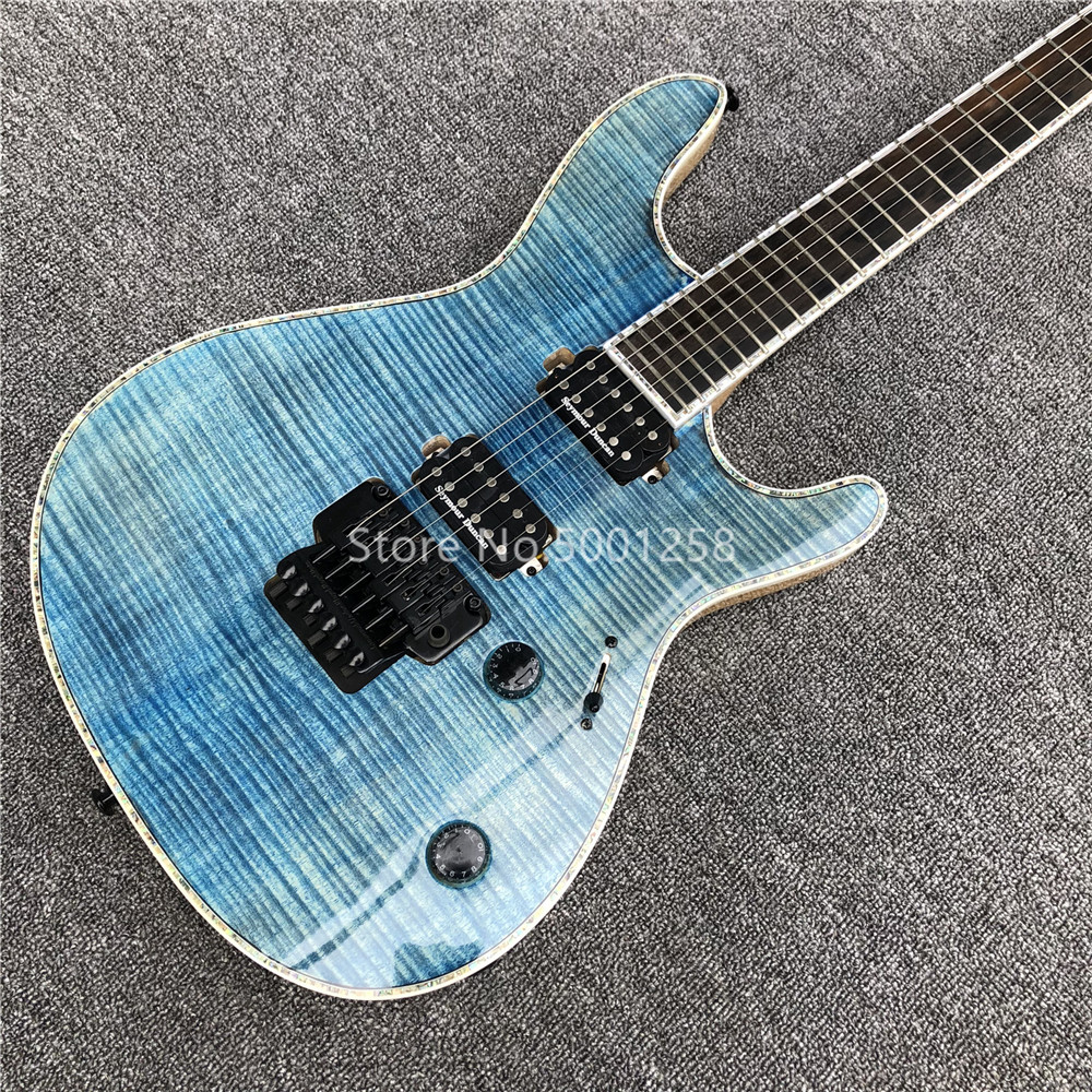 Light blue Quilted Flame Maple Mayones Electric Guitar,2019 New S logo Neck through body 6 Strings Guitar