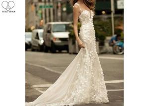China Mermaid Long Tail Prom Dresses , Floral Lace Wedding Gown Open Back Deep V Neck factory