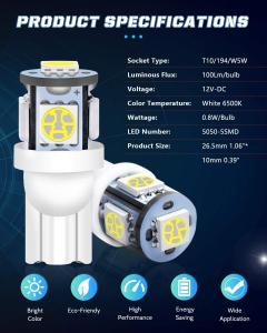 China 194 Automotive LED Light Bulbs 6500K Wedge T10 SMD 5050 Chips factory