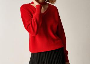 China Hollow V Neck Choker Womens Knit Pullover Sweater Red Acrylic Wool Red Jumper factory