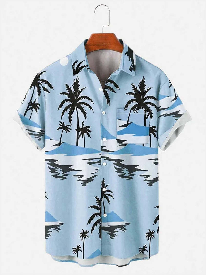 Custom Printed Hawaiian Camp Shirt for Men Allover Logo Design Covered Button Closure