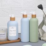 Shampoo Bottle with Bamboo Lid HDPE Plastic Type Soft Touch Empty Body Lotion