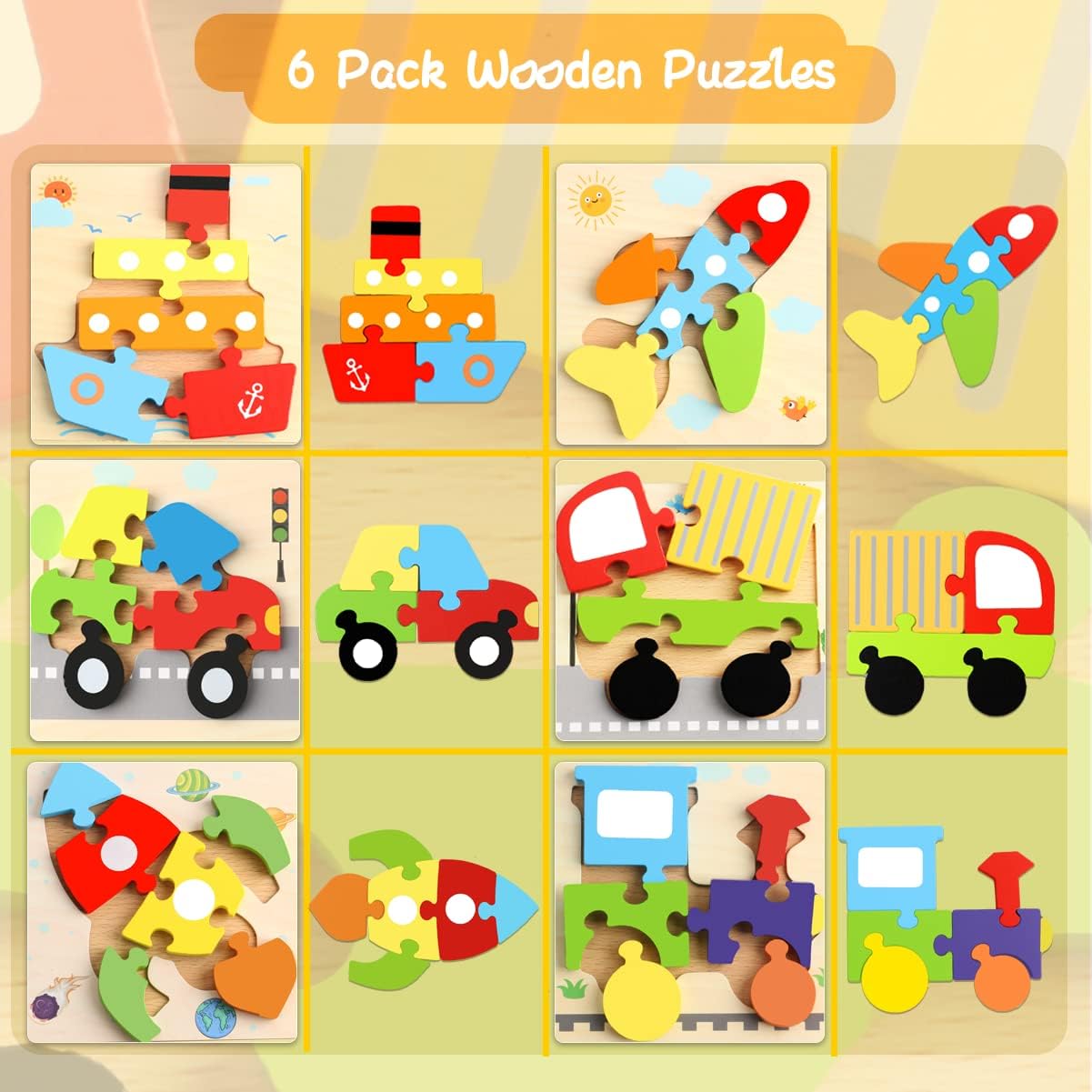 Unisex Kids Infant Toddlers 6 Packs Vehicle Shape Wooden Puzzles for Sensory Learning