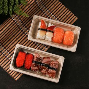 China 11g Dinnerware Fast Food Biodegradable Bagasse Tableware Sushi Tray With Pet Lid factory
