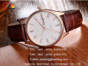 China Brand high quality Men's analog watch with stainless steel case and pu leather band factory