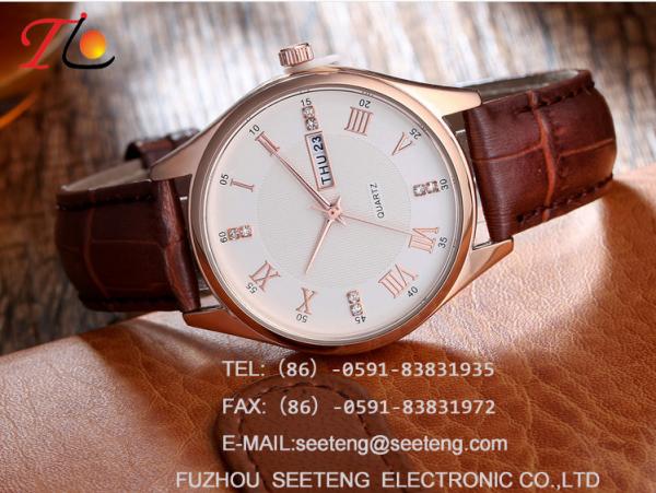Brand high quality Men's analog watch with stainless steel case and pu leather