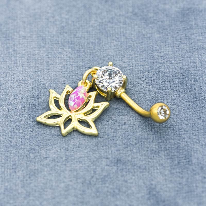316 Stainless Steel Body Piercings Jewellery Gold Plated Lotus Dangle Pink Gem