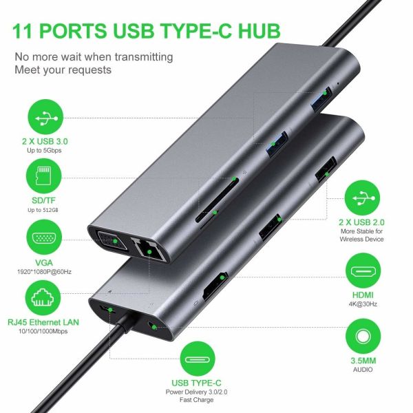 11 Port 11 In 1 USB Type C Hub 10Gbps USB C Docking Station Plug And Play
