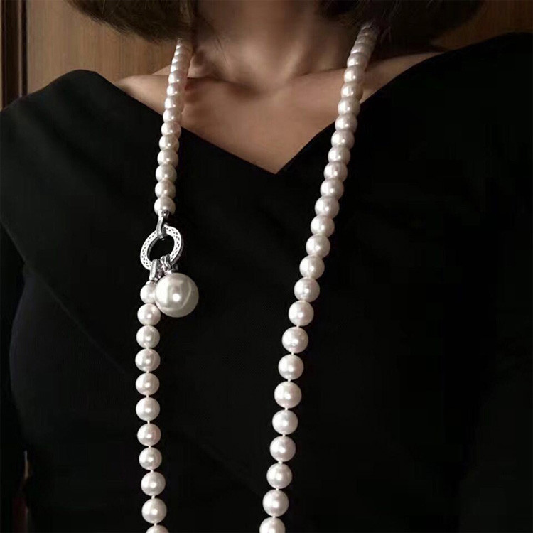White Shell Pearl Strands Sweater Pendant Necklace with Cubic Zirocnia Charm (SN702144)
