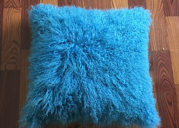 18x 18" Tibetan Lamb Fur Pillow Single Sided Fur Cushion Cover Sky Blue Color