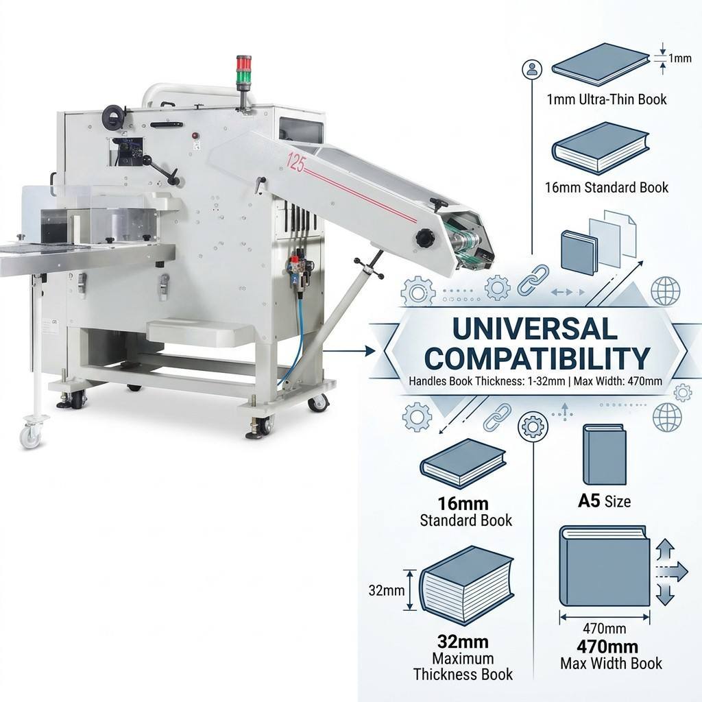 HX125S Book Stacker side view demonstrating integration with stitching line