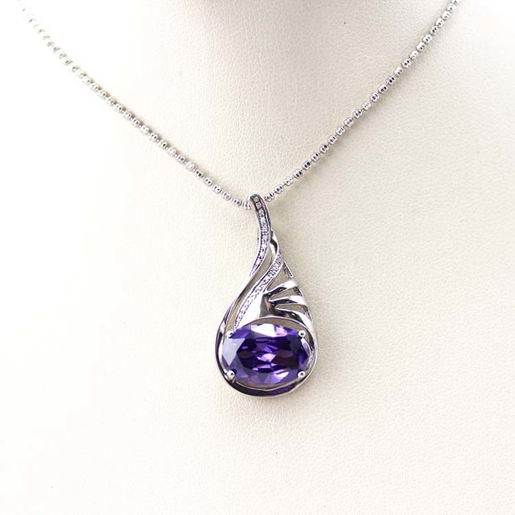 Women Silver Jewelry Oval 9mmx13mm Amethyst Cubic Zircon Pendant(P41)