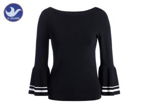 China Trumpet Long Stripes Sleeves Womens Knit Pullover Sweater Boat Neck Spring Clothes factory