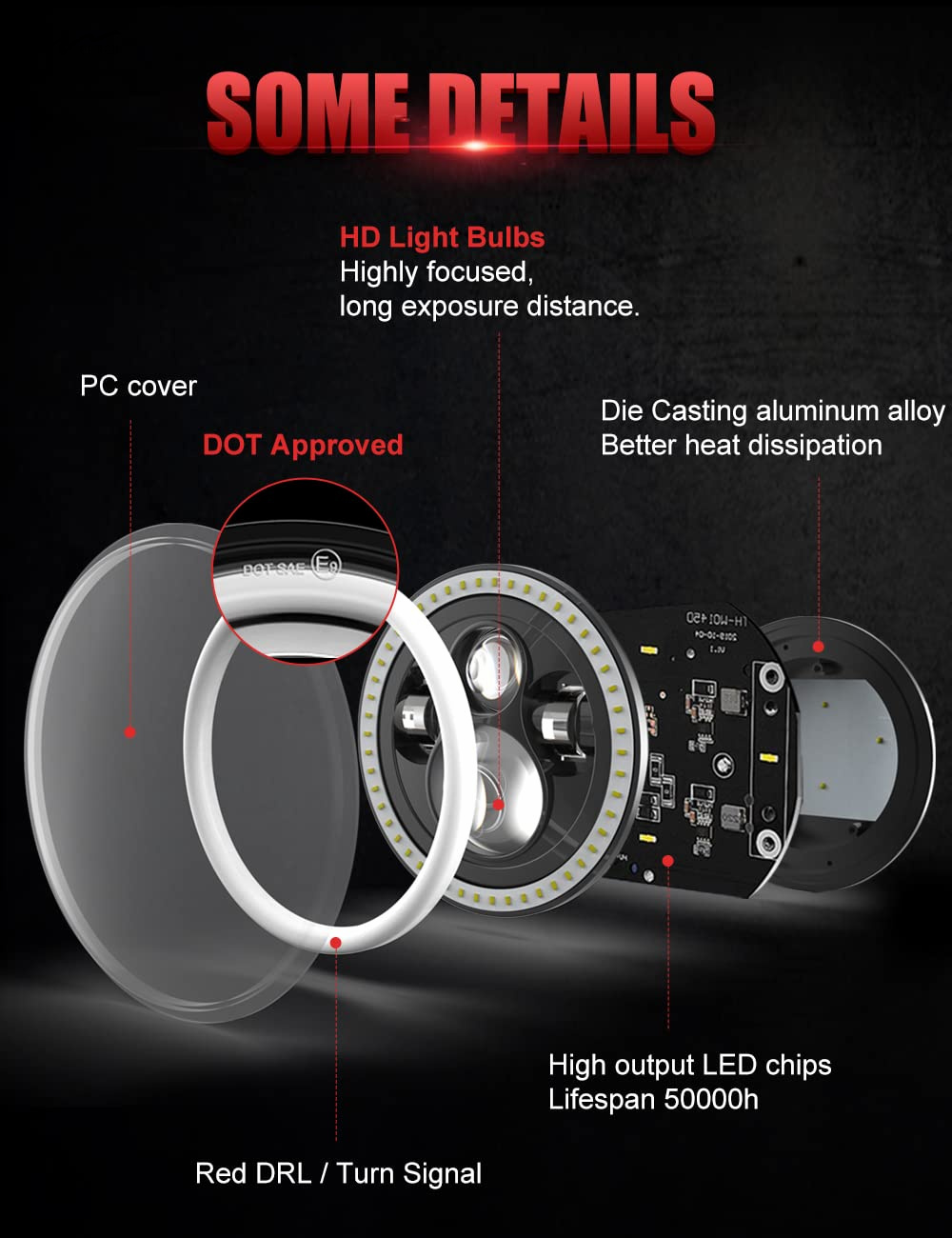 7 inch LED Headlight DOT Round Headlight with Amber Turn Signal and Hell Red Halo