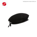 Black Soldier Wool Military Beret Hat Cap with Leather Binding